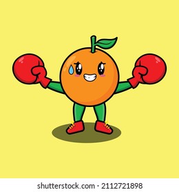 Cute Orange mascot cartoon playing sport with boxing gloves and cute stylish design for t-shirt, sticker, logo elements