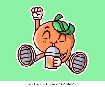 CUTE ORANGE MASCOT IS DRINKING A CUP OF ORANGE JUICE AND LOOKS SO ENTHUSIASTIC.