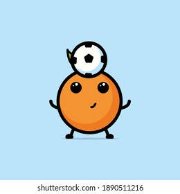 Cute Orange Mascot Vector Illustration. With Simple, Fun, Happy, And Line Style. With Orange Playing Football. Recomended For Children Illustration, Fruit Shop Or Orange Juice Shop.