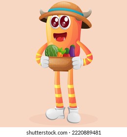 Cute orange monster carries variety of fresh vegetables and fruits. Perfect for kids, small business or e-Commerce, merchandise and sticker, banner promotion, blog or vlog channel
