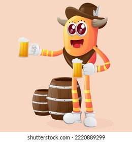 Cute orange monster celebrate oktoberfest with holding beer. Perfect for kids, small business or e-Commerce, merchandise and sticker, banner promotion, blog or vlog channel
