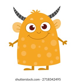 Personaje monstruo naranja lindo. Criatura amistosa de la fantasía de la historieta con los cuernos y la sonrisa. Ilustración vectorial de niños.