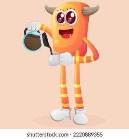 Cute orange monster drinking coffee, coffee time. Perfect for kids, small business or e-Commerce, merchandise and sticker, banner promotion, blog or vlog channel

