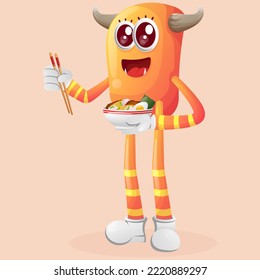 Cute orange monster eat ramen. Perfect for kids, small business or e-Commerce, merchandise and sticker, banner promotion, blog or vlog channel
