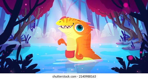 Cute orange monster in forest lake. Vector cartoon fantasy illustration of woods landscape with swamp and magic creature, fantastic alien animal with pouch and teeth
