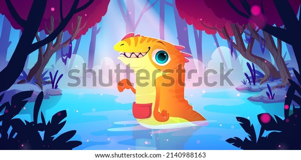 Cute orange monster in forest\
lake. Vector cartoon fantasy illustration of woods landscape with\
swamp and magic creature, fantastic alien animal with pouch and\
teeth