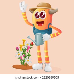 Cute orange monster gardening taking care of plants. Perfect for kids, small business or e-Commerce, merchandise and sticker, banner promotion, blog or vlog channel
