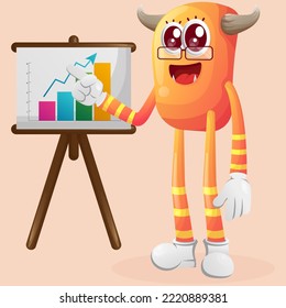 Cute orange monster gives report presentation, shows column graphics. Perfect for kids, small business or e-Commerce, merchandise and sticker, banner promotion, blog or vlog channel
