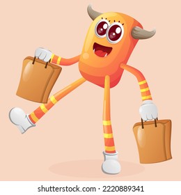 Cute orange monster happy shopping. Perfect for kids, small business or e-Commerce, merchandise and sticker, banner promotion, blog or vlog channel

