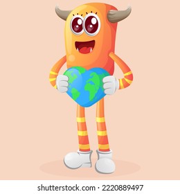 Cute orange monster holding earth with love shape. Perfect for kids, small business or e-Commerce, merchandise and sticker, banner promotion, blog or vlog channel
