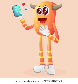 Cute orange monster holding mobile phone with text messages. Perfect for kids, small business or e-Commerce, merchandise and sticker, banner promotion, blog or vlog channel
