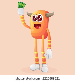 Cute orange monster holding money. Perfect for kids, small business or e-Commerce, merchandise and sticker, banner promotion, blog or vlog channel
