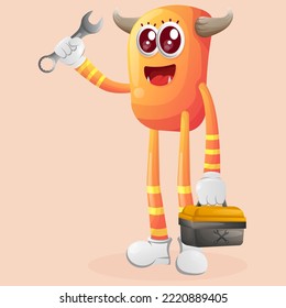 Cute orange monster holding spanner and tolls box. Perfect for kids, small business or e-Commerce, merchandise and sticker, banner promotion, blog or vlog channel
