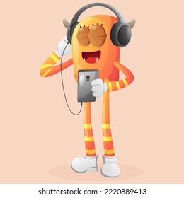 Cute orange monster listening music on a smartphone using a headphone. Perfect for kids, small business or e-Commerce, merchandise and sticker, banner promotion, blog or vlog channel
