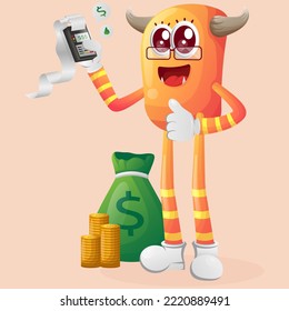 El monstruo naranja lindo hace un pago. Perfecto para niños, pequeñas empresas o comercio electrónico, mercadería y pegatinas, promoción de banners, blog o canal de vlog
