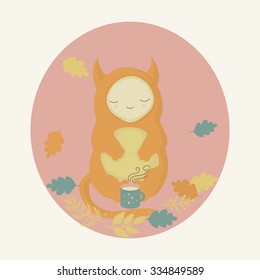 Cute orange monster and mug of tea in autumn forest. Vector