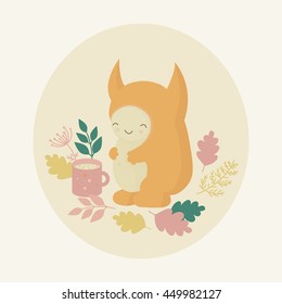 Cute orange monster and mug of tea in autumn forest. Vector illustration