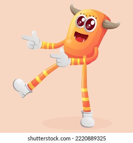 Cute orange monster playful with pointed hand. Perfect for kids, small business or e-Commerce, merchandise and sticker, banner promotion, blog or vlog channel

