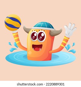 Monstruo de naranja lindo jugando al waterpolo. Perfecto para niños, pequeñas empresas o comercio electrónico, mercadería y pegatinas, promoción de banners, blog o canal de vlog
