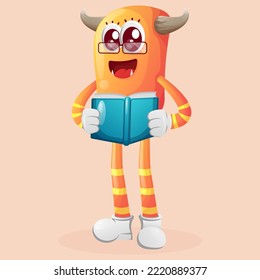 Cute orange monster reading a book. Perfect for kids, small business or e-Commerce, merchandise and sticker, banner promotion, blog or vlog channel
