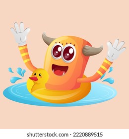 Cute orange monster swimming wearing rubber duck tube. Perfect for kids, small business or e-Commerce, merchandise and sticker, banner promotion, blog or vlog channel
