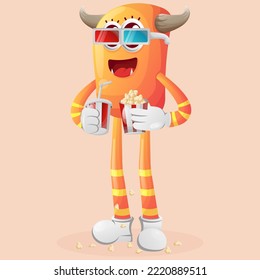 Cute orange monster watching movie with holding soda and popcorn. Perfect for kids, small business or e-Commerce, merchandise and sticker, banner promotion, blog or vlog channel
