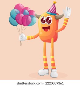 Cute orange monster wearing a birthday hat, holding balloons. Perfect for kids, small business or e-Commerce, merchandise and sticker, banner promotion, blog or vlog channel
