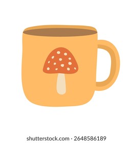 Cute orange mug with hot tea and mushroom print. Hand drawn flat vector illustration.
