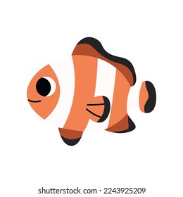 Cute orange nemo fish swimming, marine animal. Inhabitants of sea, ocean underwater life. Childish aquatic mammals print for nursery, kids apparel, poster, postcard, pattern. Cartoon vector.