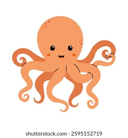 Cute orange octopus with big eyes and curly tentacles against a white background