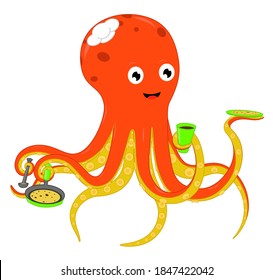 Cute orange octopus in a chef's cap with a glass, ladle, frying pan, plate and pancakes. Vector over white background.