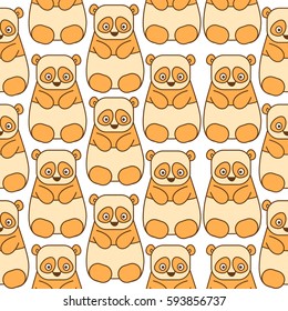 Cute orange pandas on white background. Minimalistic seamless pattern. Simple graphics like icons. Vector art for wallpaper, web page background, textile design, graphic design and children goods.