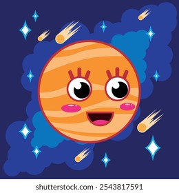 Cute orange planet in space. Pretty character. Cartoon flat vector illustration. Children's illustration.