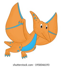 Cute Orange Pterodactyl With Blue Spots With Trendy Grain Textured Shadow. Vector Grain Style Illustration.