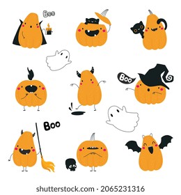 Cute Orange Pumpkin Character with Arm and Legs Having Fun at Halloween Holiday Vector Set
