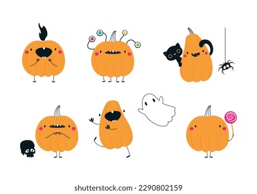 Cute Orange Pumpkin Character with Arm and Legs Having Fun at Halloween Holiday Vector Set