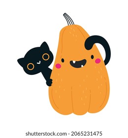 Cute Orange Pumpkin Character and Black Cat Peeped Out From Behind Having Fun at Halloween Holiday Vector Illustration