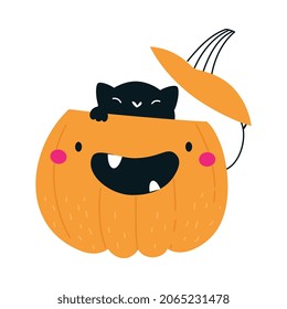 Cute Orange Pumpkin Character with Cut Top and Peeped Out Black Cat Having Fun at Halloween Holiday Vector Illustration