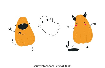 Cute Orange Pumpkin Character Having Fun at Halloween Holiday Vector Set