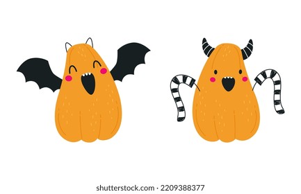 Cute Orange Pumpkin Character with Horns and Wings Having Fun at Halloween Holiday Vector Set