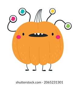 Cute Orange Pumpkin Character with Many Eyes Having Fun at Halloween Holiday Vector Illustration