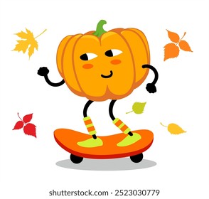 Cute orange pumpkin character skateboarding. Cartoon isolated cute fruit mascot. Autumn, thanksgiving, harvest. Perfect for kids, merchandise and sticker, banner promotion or blog. Vector illustration