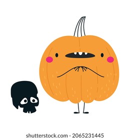 Cute Orange Pumpkin Character with Skull Having Fun at Halloween Holiday Vector Illustration