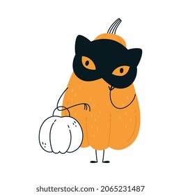 Cute Orange Pumpkin Character Wearing Black Mask Having Fun at Halloween Holiday Vector Illustration