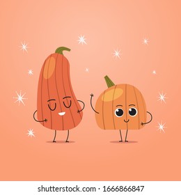 cute orange pumpkin charcters couple funny cartoon mascot vegetable personages healthy food concept vector illustration