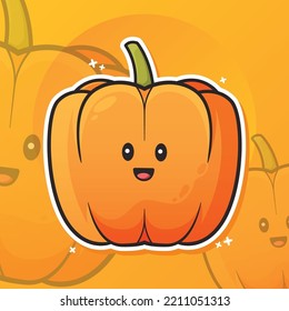 Cute Orange Pumpkin Mascot Vector Illustration. Flat Cartoon Sticker Style. Can be used for emoticon, ui, web, app intro card, editorial, emoji, icon.