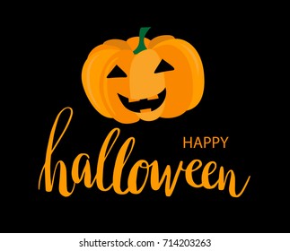 Cute orange pumpkin on black background with text Happy Halloween. Holiday vector illustration