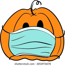 Cute orange pumpkin wearing a blue medical mask because of a worldwide pandemic. Hand drawn vector illustration. 