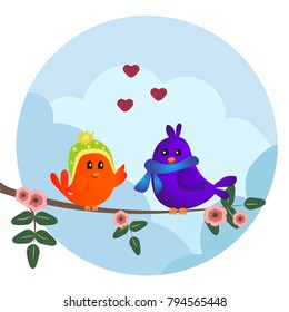 Cute orange and purple birds sitting on a branch with flowers. Cute sparrows in love on sky background