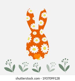A cute orange rabbit with long ears sits with its back on a gray background in chamomile flowers. Spring rabbit. Easter bunny applique. Vector graphics.